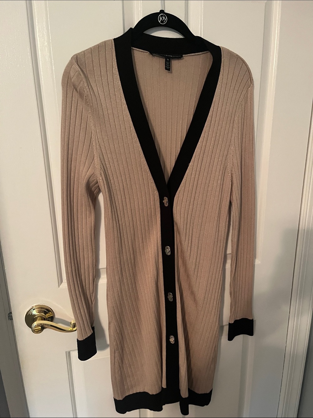 White House Black Market Taupe Long Ribbed Cardigan with Black Trim